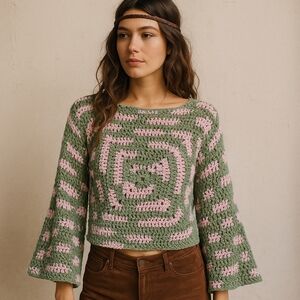 Handmade Green Pink Crochet Sweater Size M Bell Sleeve Boho Hippie Y2K Festival